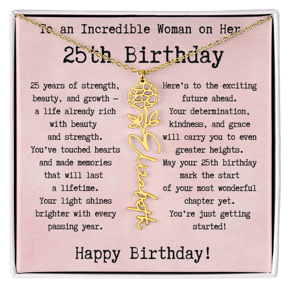 Personalized 25th Birthday Gift for Her – Customized Birth Flower Name Necklace – Unique Twenty-Fifth Birthday Jewelry Gift from Grandma, Mom, Aunt, or Friend