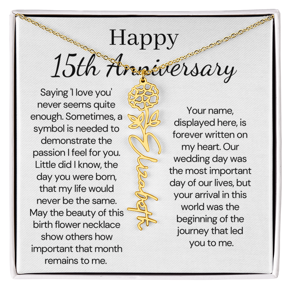 Personalized 15th Anniversary Gift for Wife – Customized Birth Flower Name Necklace – Unique Fifteenth Wedding Anniversary Gift Ideas for Wife from Husband