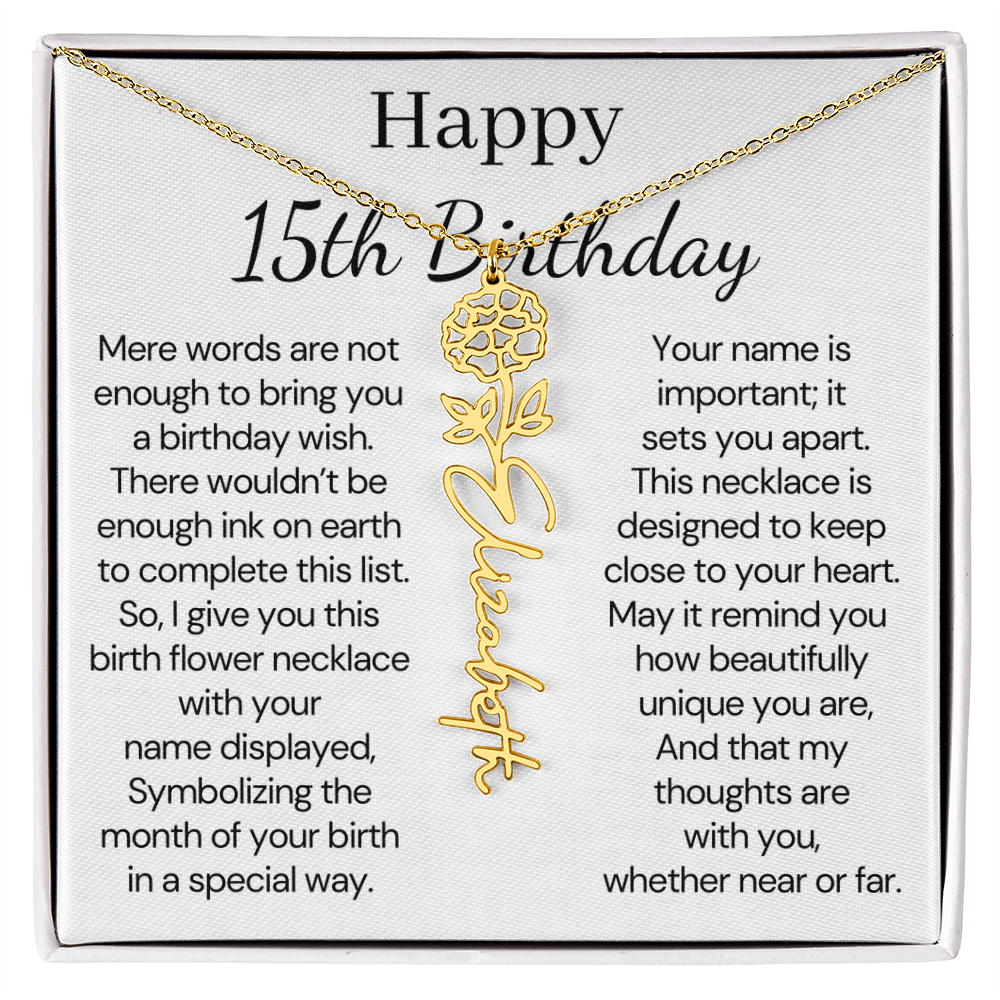 Personalized 15th Birthday Gift for Her – Customized Birth Flower Name Necklace – 15th Birthday Jewelry Gift for Granddaughter, Daughter, or Niece