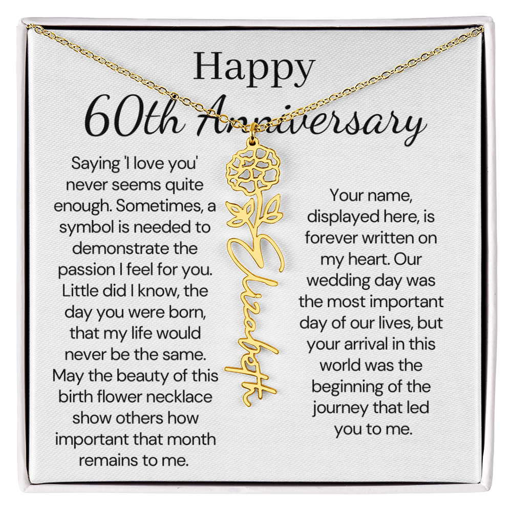 Personalized 60th Anniversary Gift for Wife – Customized Birth Flower Name Necklace – Unique Sixtieth Wedding Anniversary Gift Ideas for Wife from Husband