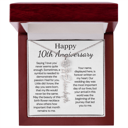 Personalized 10th Wedding Anniversary Gift for Wife – Customized Birth Flower Name Necklace – Unique Tenth Anniversary Gift Ideas for Wife from Husband