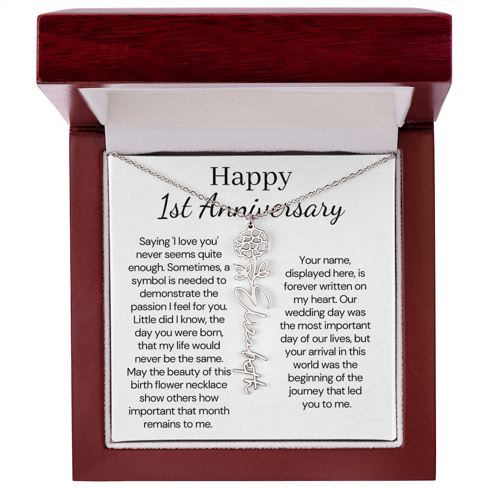Personalized 1st Wedding Anniversary Gift for Wife – Customized Birth Flower Name Necklace – Unique Anniversary Gift Ideas for Wife from Husband