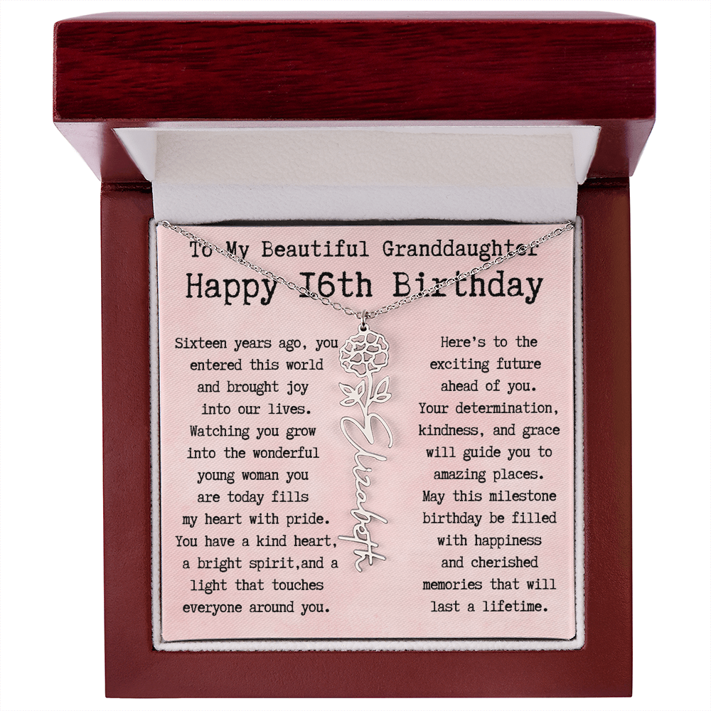 Personalized 16th Birthday Gift for Granddaughter – Customized Birth Flower Name Necklace – Sweet Sixteenth Jewelry Gift from Grandma