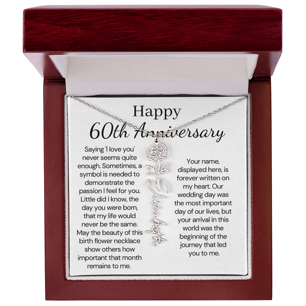 Personalized 60th Anniversary Gift for Wife – Customized Birth Flower Name Necklace – Unique Sixtieth Wedding Anniversary Gift Ideas for Wife from Husband