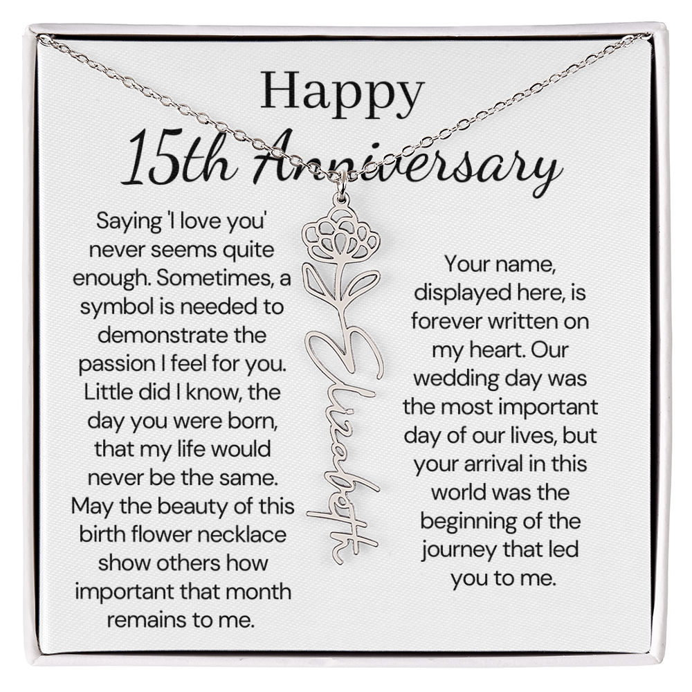 Personalized 15th Anniversary Gift for Wife – Customized Birth Flower Name Necklace – Unique Fifteenth Wedding Anniversary Gift Ideas for Wife from Husband
