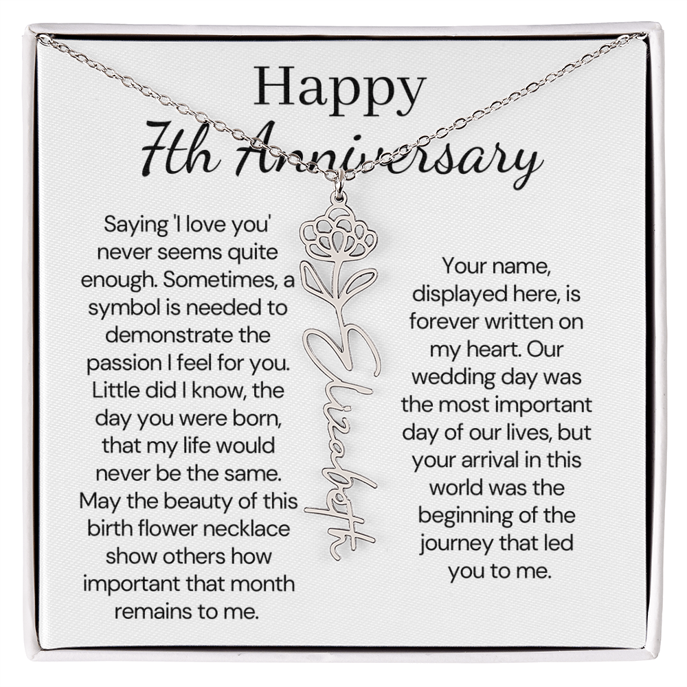 Personalized 7th Wedding Anniversary Gift for Wife – Customized Birth Flower Name Necklace – Unique Seventh Anniversary Gift Ideas for Wife from Husband