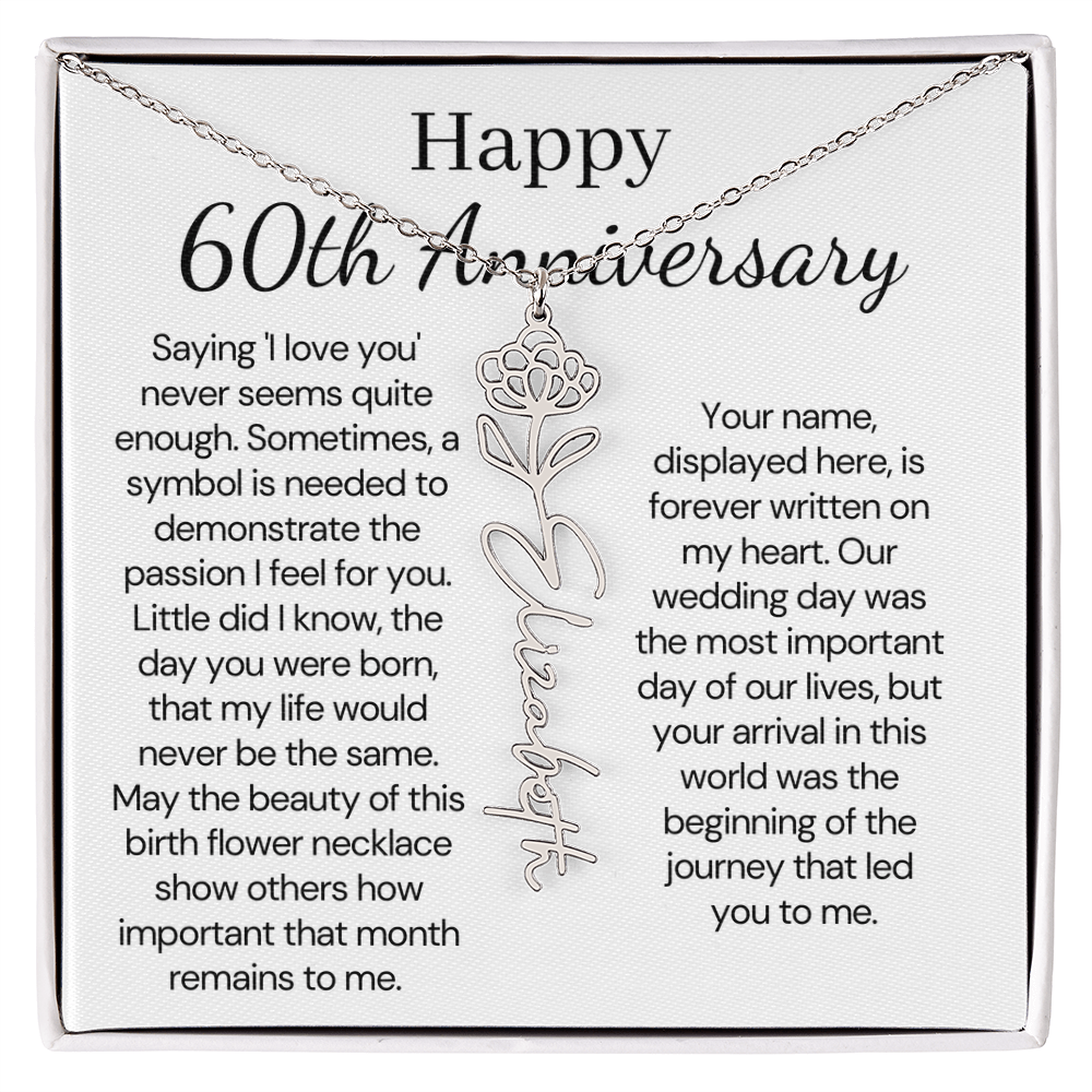 Personalized 60th Anniversary Gift for Wife – Customized Birth Flower Name Necklace – Unique Sixtieth Wedding Anniversary Gift Ideas for Wife from Husband
