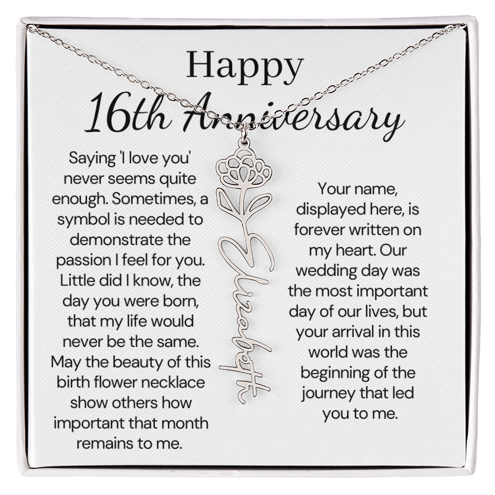 Personalized 16th Anniversary Gift for Wife – Customized Birth Flower Name Necklace – Unique Sixteenth Wedding Anniversary Gift Ideas for Wife