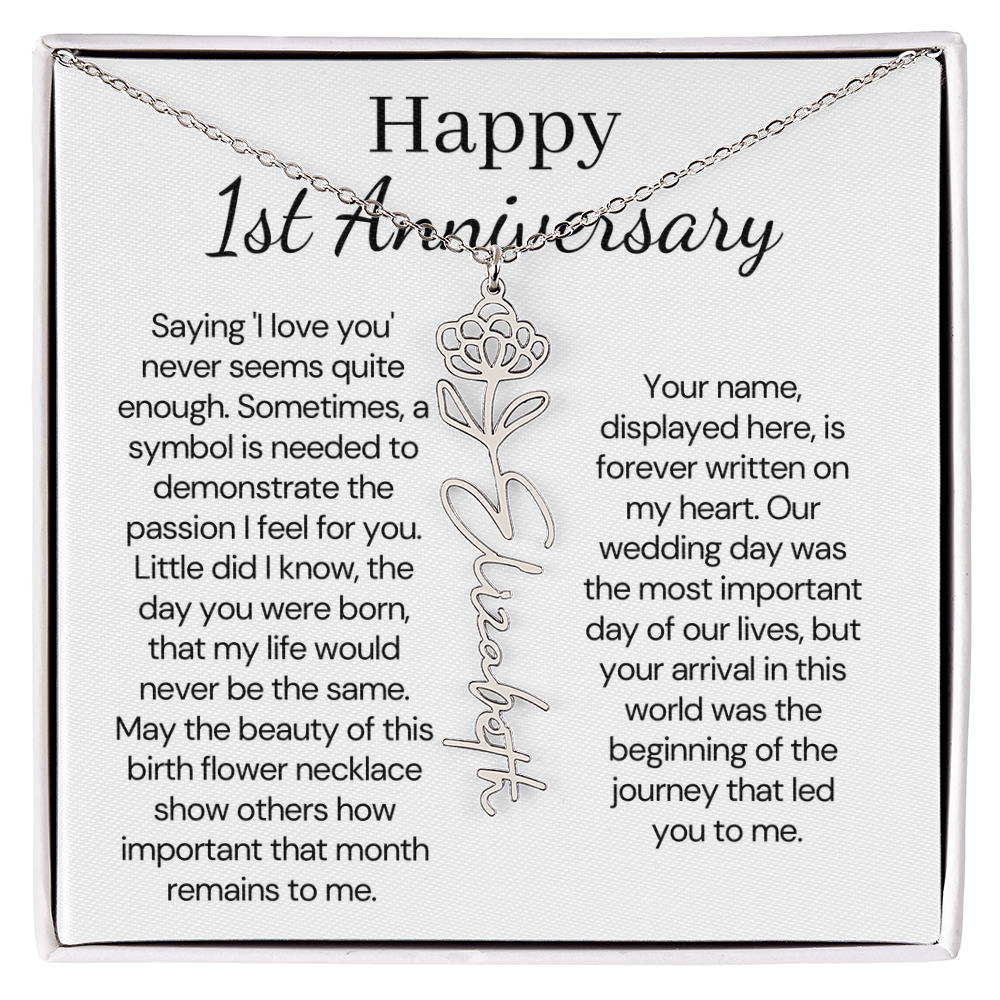 Personalized 1st Wedding Anniversary Gift for Wife – Customized Birth Flower Name Necklace – Unique Anniversary Gift Ideas for Wife from Husband