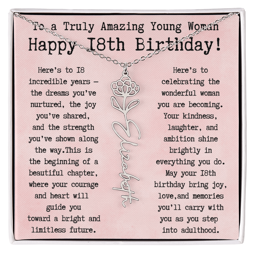Personalized 18th Birthday Gift for Her – Customized Birth Flower Name Necklace – Unique Eighteenth Birthday Jewelry Gift from Grandma, Mom, Aunt, or Friend