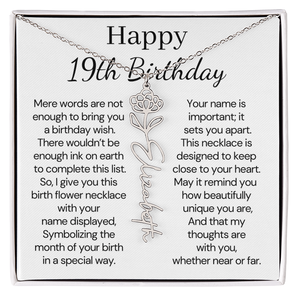 Personalized 19th Birthday Gift for Her  – Customized Birth Flower Name Necklace – 19th Birthday Jewelry Gift for Granddaughter, Daughter, or Niece