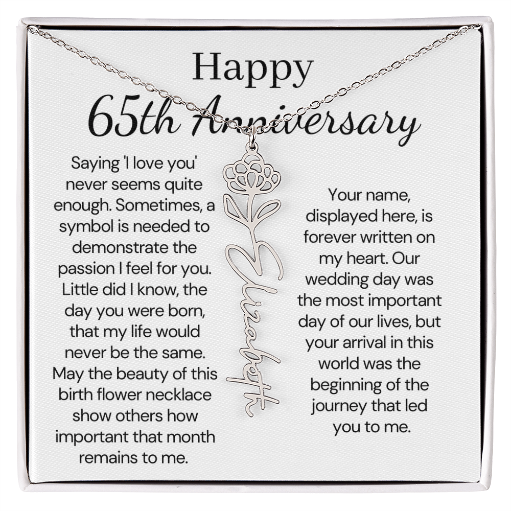 Personalized 65th Anniversary Gift for Wife – Customized Birth Flower Name Necklace – Unique Sixty-Fifth Wedding Anniversary Gift Ideas for Wife from Husband
