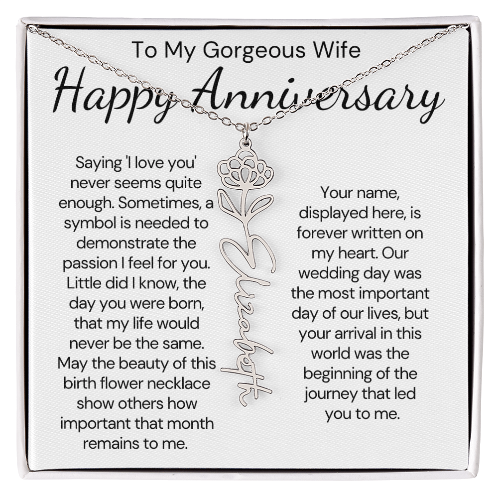 Personalized Anniversary Gift for Wife – Customized Birth Flower Name Necklace – Unique Wedding Anniversary Jewelry Gift from Husband
