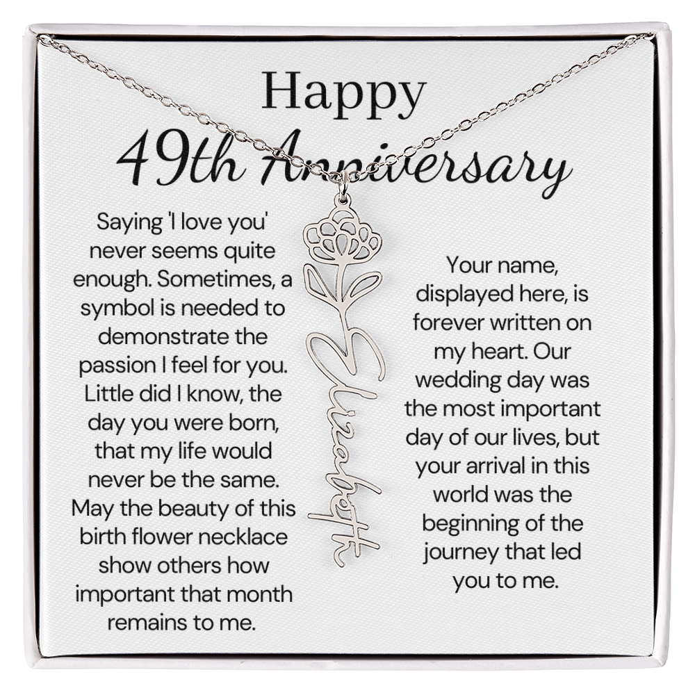 Personalized 49th Anniversary Gift for Wife – Customized Birth Flower Name Necklace – Unique Forty-Ninth Wedding Anniversary Gift Ideas for Wife from Husband