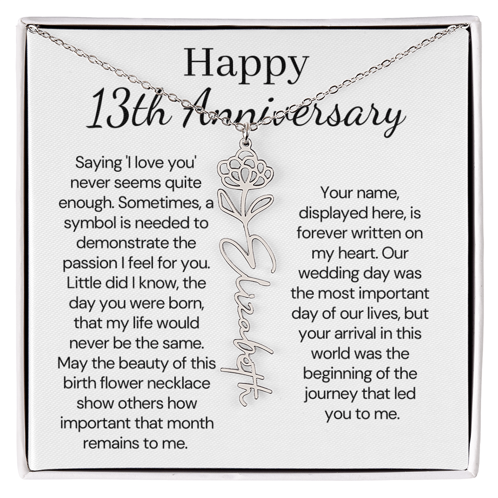 Personalized 13th Wedding Anniversary Gift for Wife – Customized Birth Flower Name Necklace – Unique Thirteenth Anniversary Gift Ideas for Wife from Husband