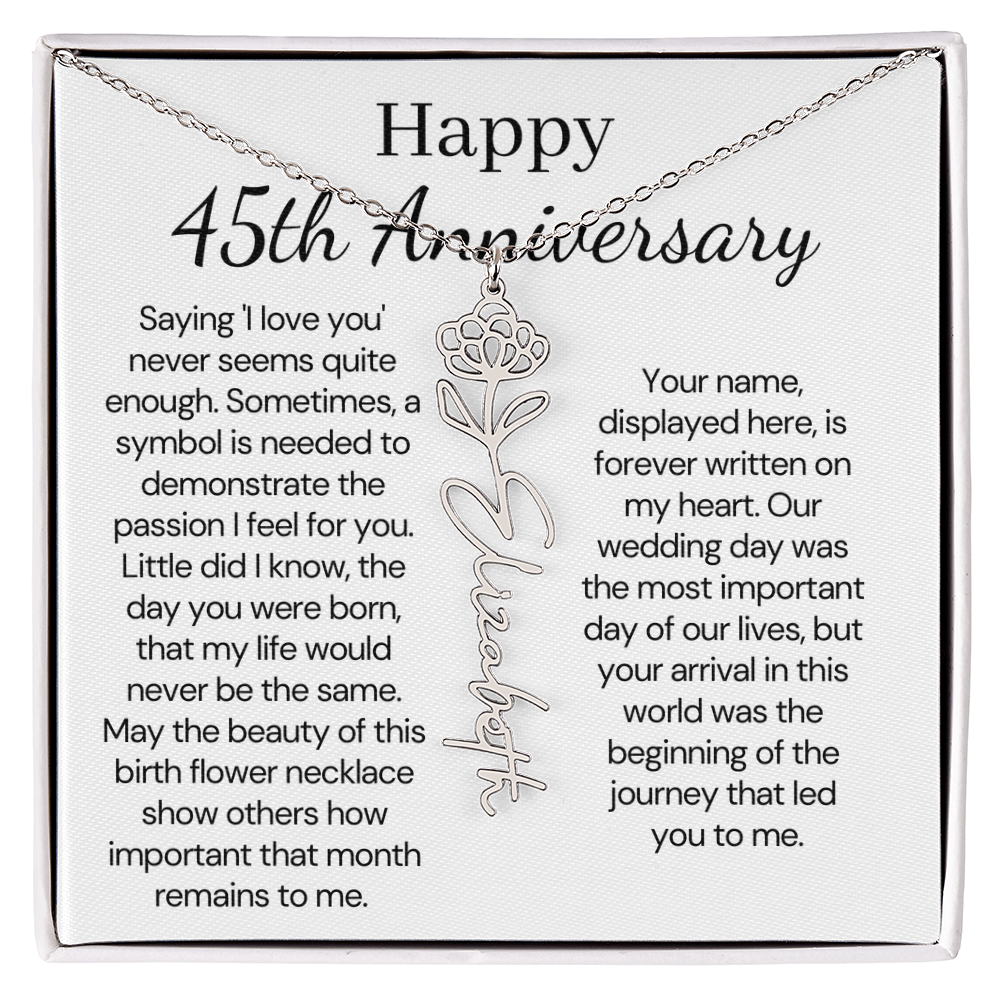Personalized 45th Anniversary Gift for Wife – Customized Birth Flower Name Necklace – Unique Forty-Fifth Wedding Anniversary Gift Ideas for Wife