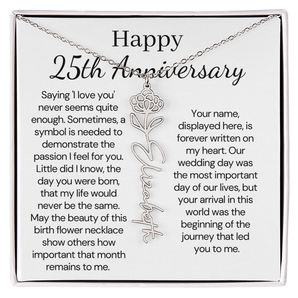 Personalized 25th Wedding Anniversary Gift for her  - Custom Birth Flower Name Necklace for Wife. - Unique Anniversary Gift from Husband to Wife