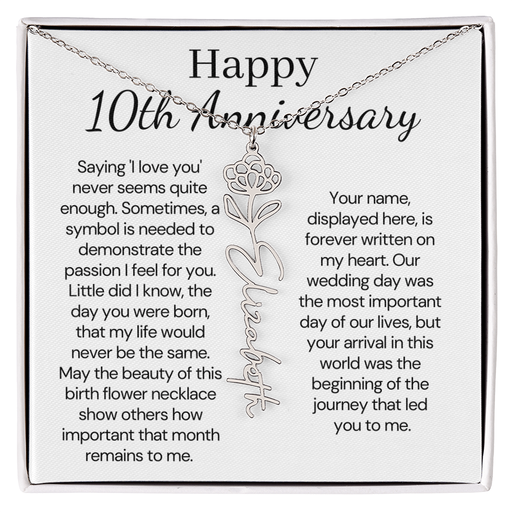 Personalized 10th Wedding Anniversary Gift for Wife – Customized Birth Flower Name Necklace – Unique Tenth Anniversary Gift Ideas for Wife from Husband