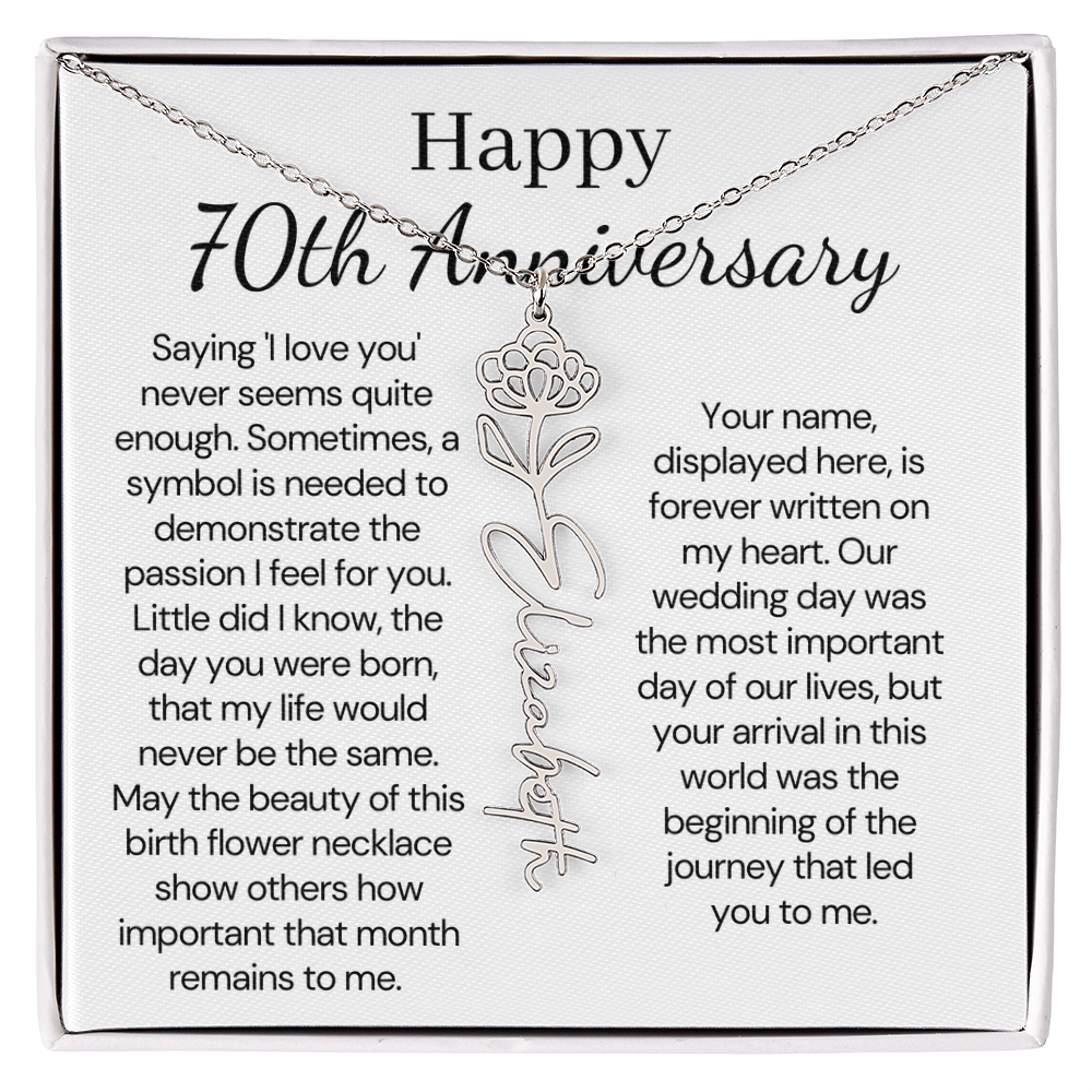 Personalized 70th Anniversary Gift for Wife – Customized Birth Flower Name Necklace – Unique Seventieth Wedding Anniversary Gift Ideas for Wife from Husband