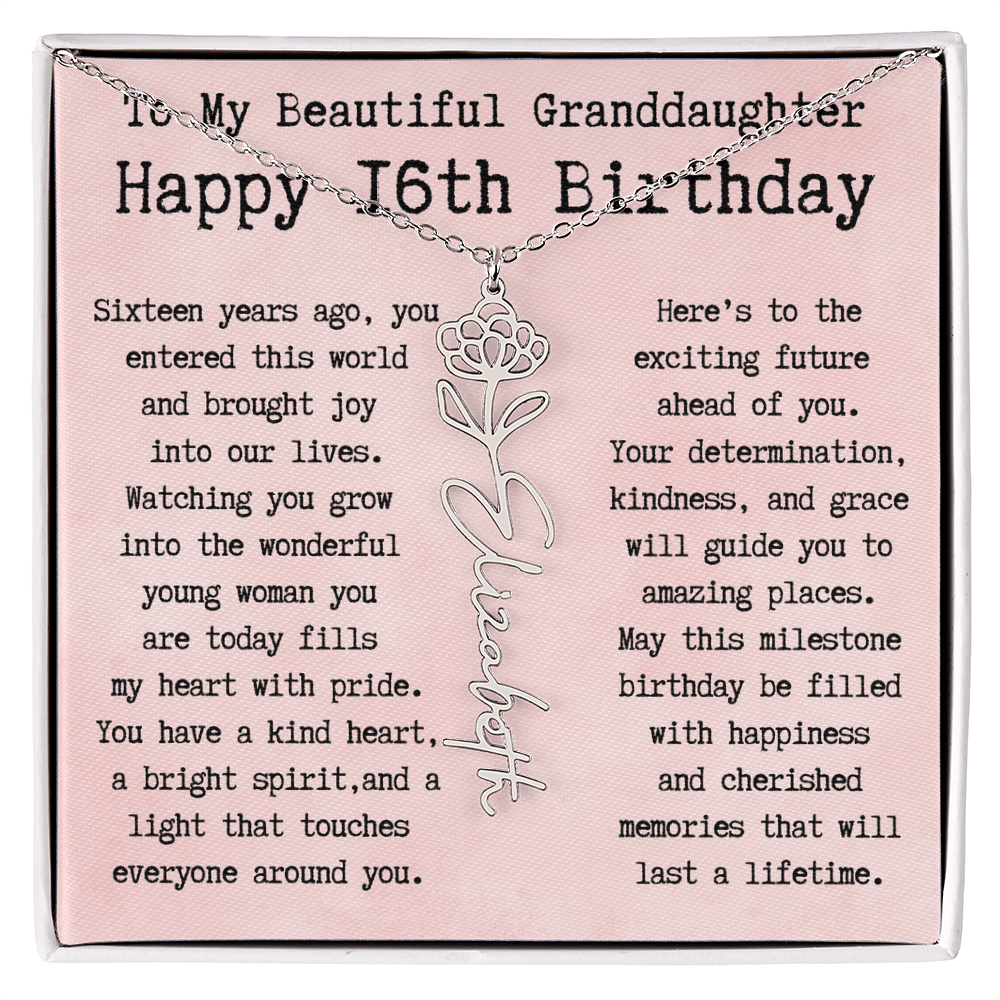 Personalized 16th Birthday Gift for Granddaughter – Customized Birth Flower Name Necklace – Sweet Sixteenth Jewelry Gift from Grandma