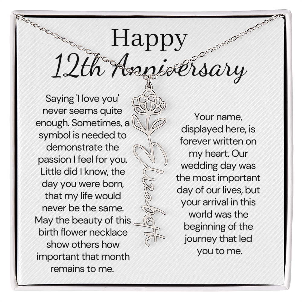 Personalized 12th Anniversary Gift for Wife – Customized Birth Flower Name Necklace – Unique Twelfth Wedding Anniversary Gift Ideas for Wife