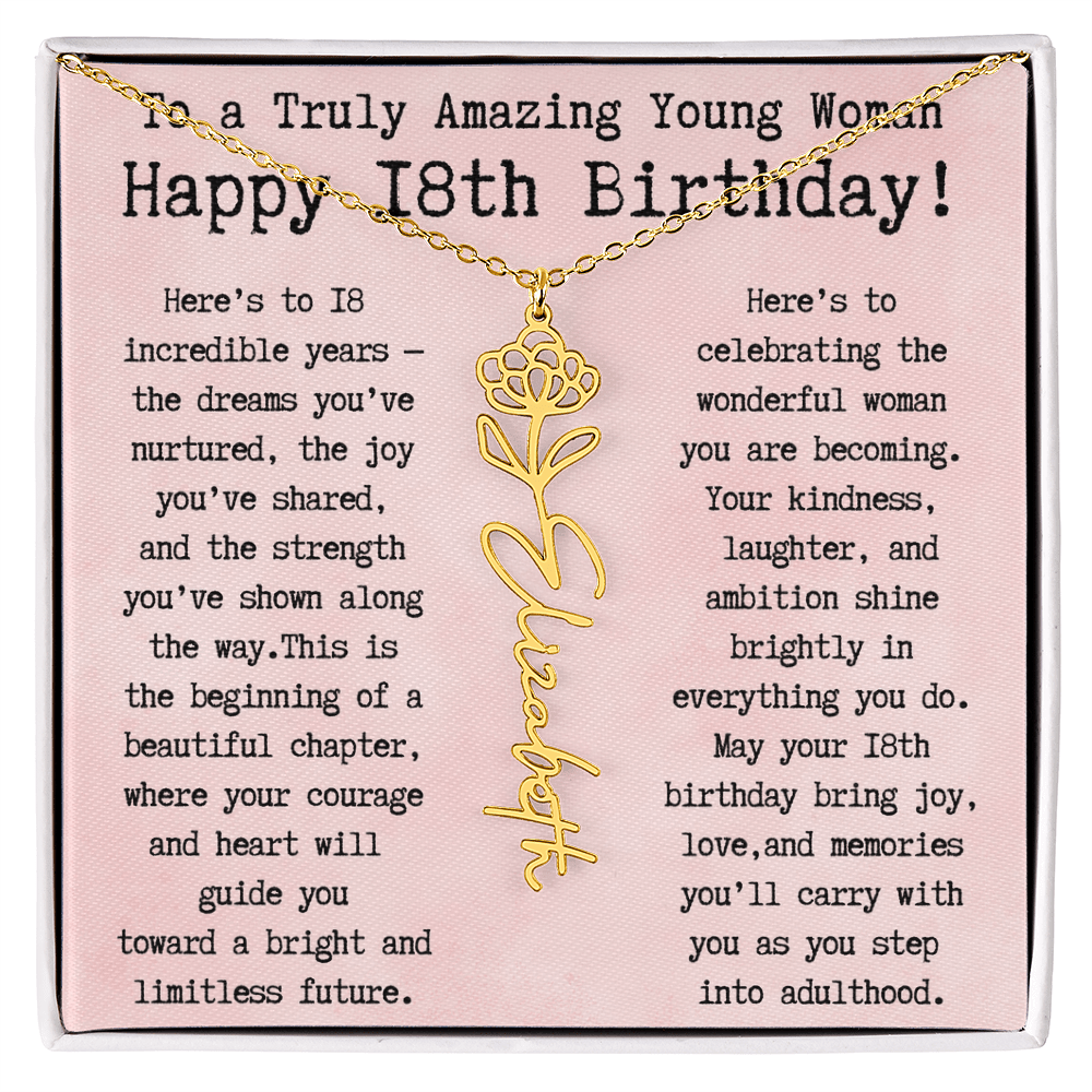 Personalized 18th Birthday Gift for Her – Customized Birth Flower Name Necklace – Unique Eighteenth Birthday Jewelry Gift from Grandma, Mom, Aunt, or Friend
