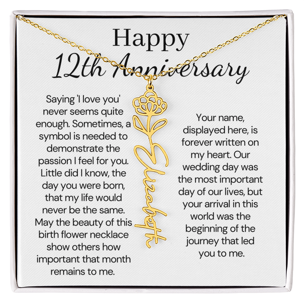 Personalized 12th Anniversary Gift for Wife – Customized Birth Flower Name Necklace – Unique Twelfth Wedding Anniversary Gift Ideas for Wife