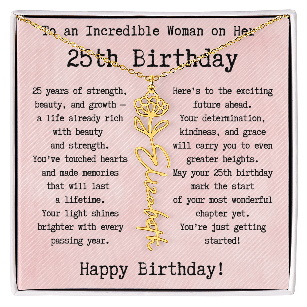 Personalized 25th Birthday Gift for Her – Customized Birth Flower Name Necklace – Unique Twenty-Fifth Birthday Jewelry Gift from Grandma, Mom, Aunt, or Friend