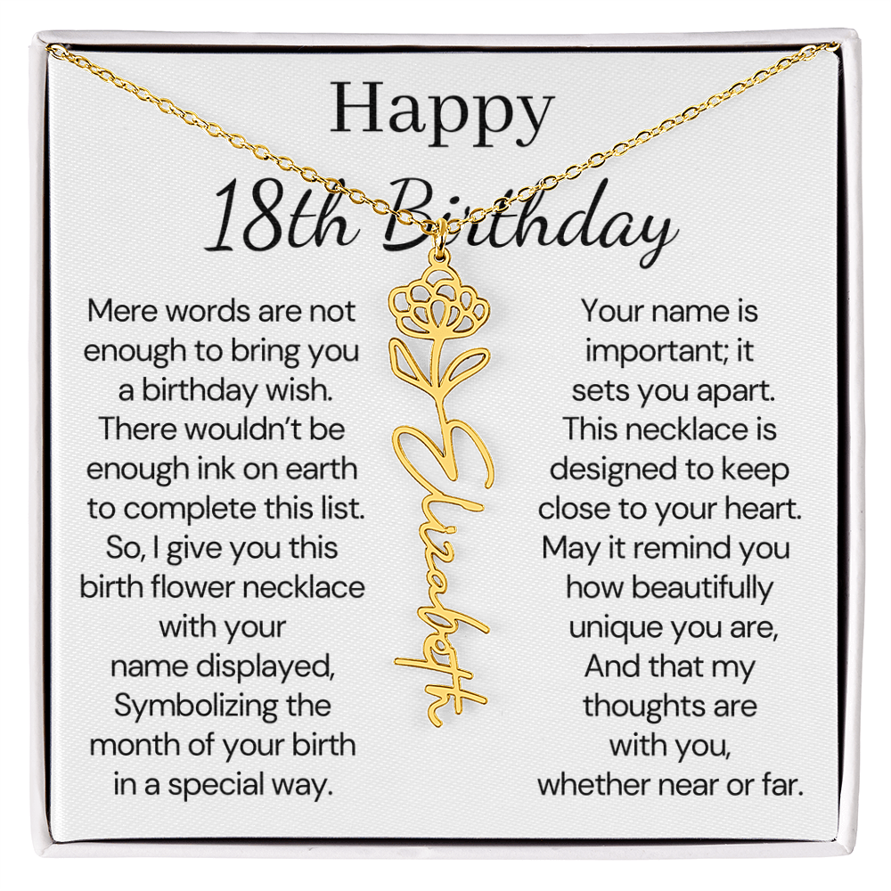Personalized 18th Birthday Gift for Her  – Customized Birth Flower Name Necklace – 18th Birthday Jewelry Gift for Granddaughter, Daughter, or Niece