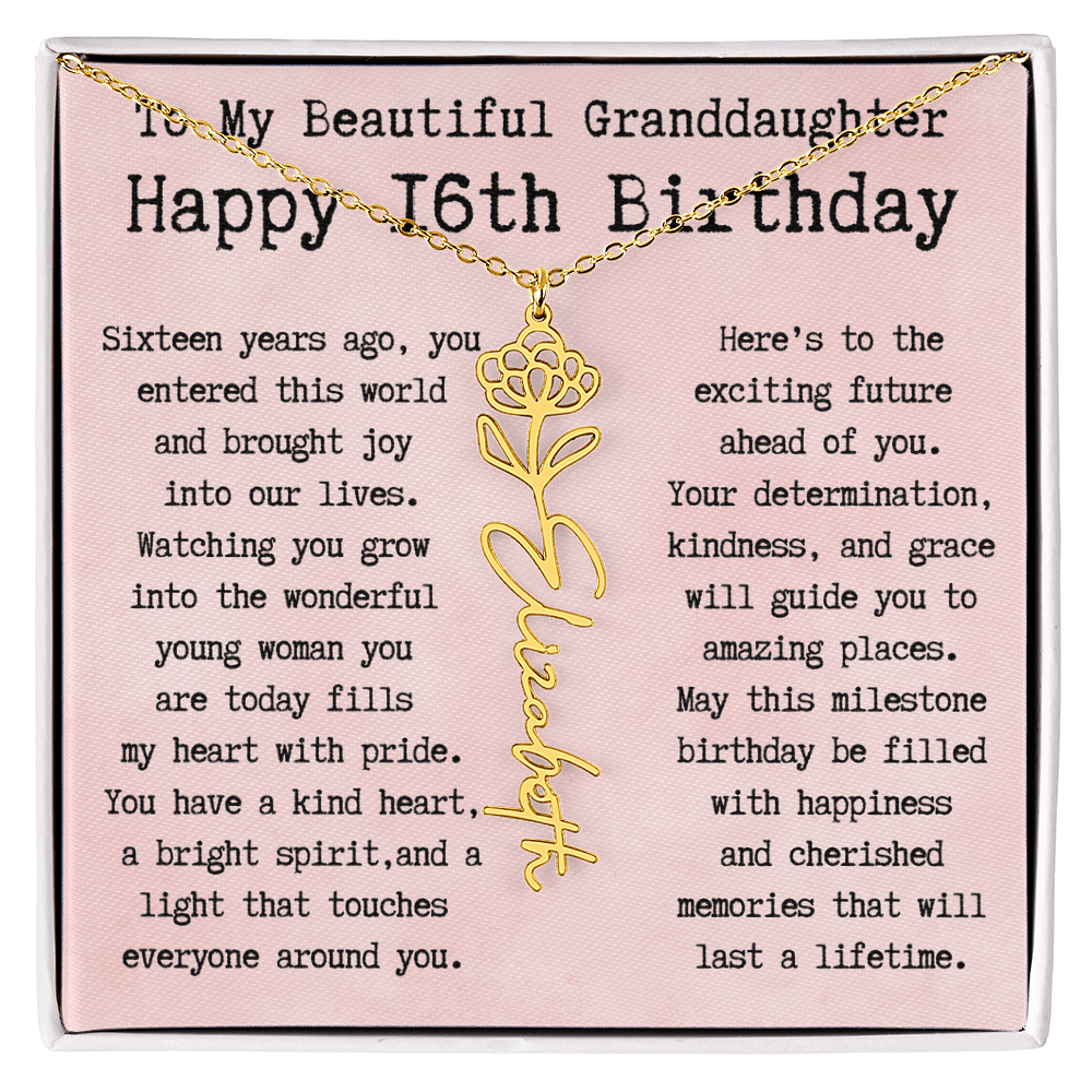 Personalized 16th Birthday Gift for Granddaughter – Customized Birth Flower Name Necklace – Sweet Sixteenth Jewelry Gift from Grandma