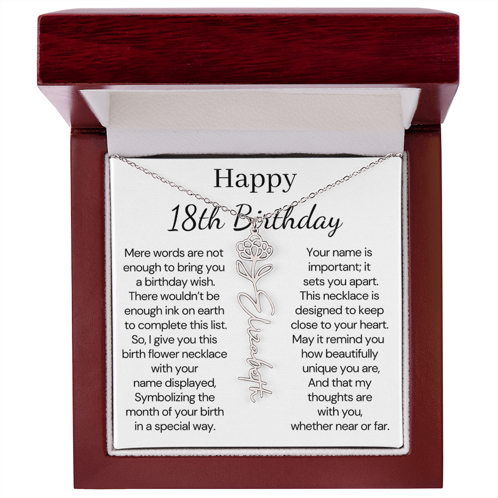 Personalized 18th Birthday Gift for Her  – Customized Birth Flower Name Necklace – 18th Birthday Jewelry Gift for Granddaughter, Daughter, or Niece
