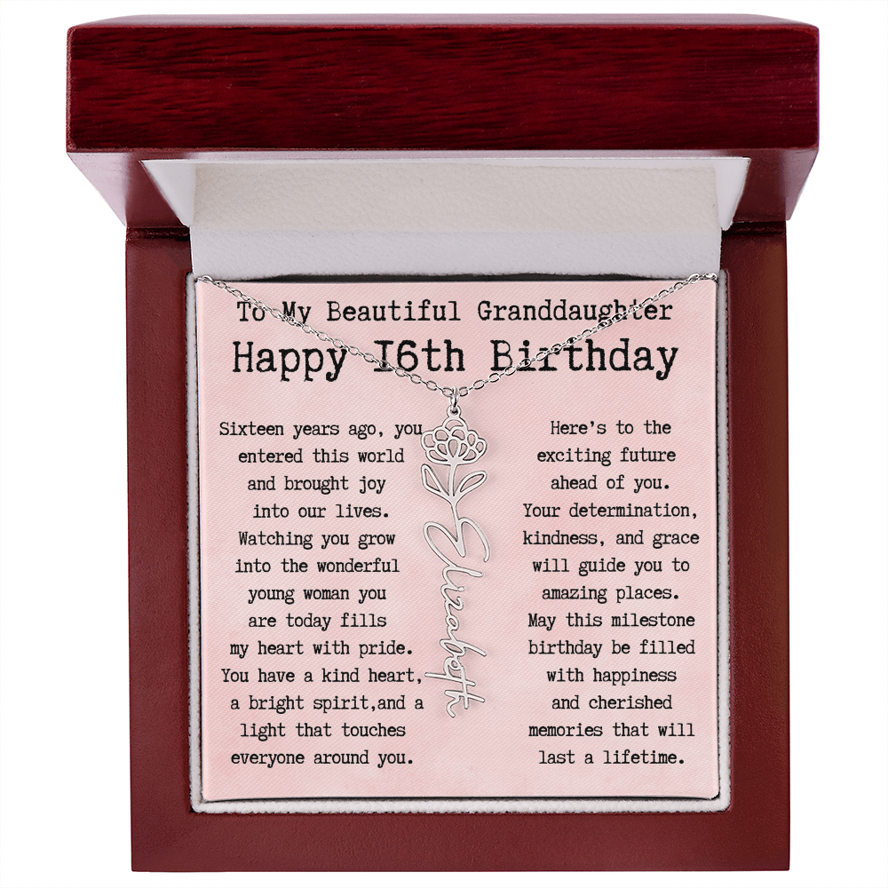Personalized 16th Birthday Gift for Granddaughter – Customized Birth Flower Name Necklace – Sweet Sixteenth Jewelry Gift from Grandma