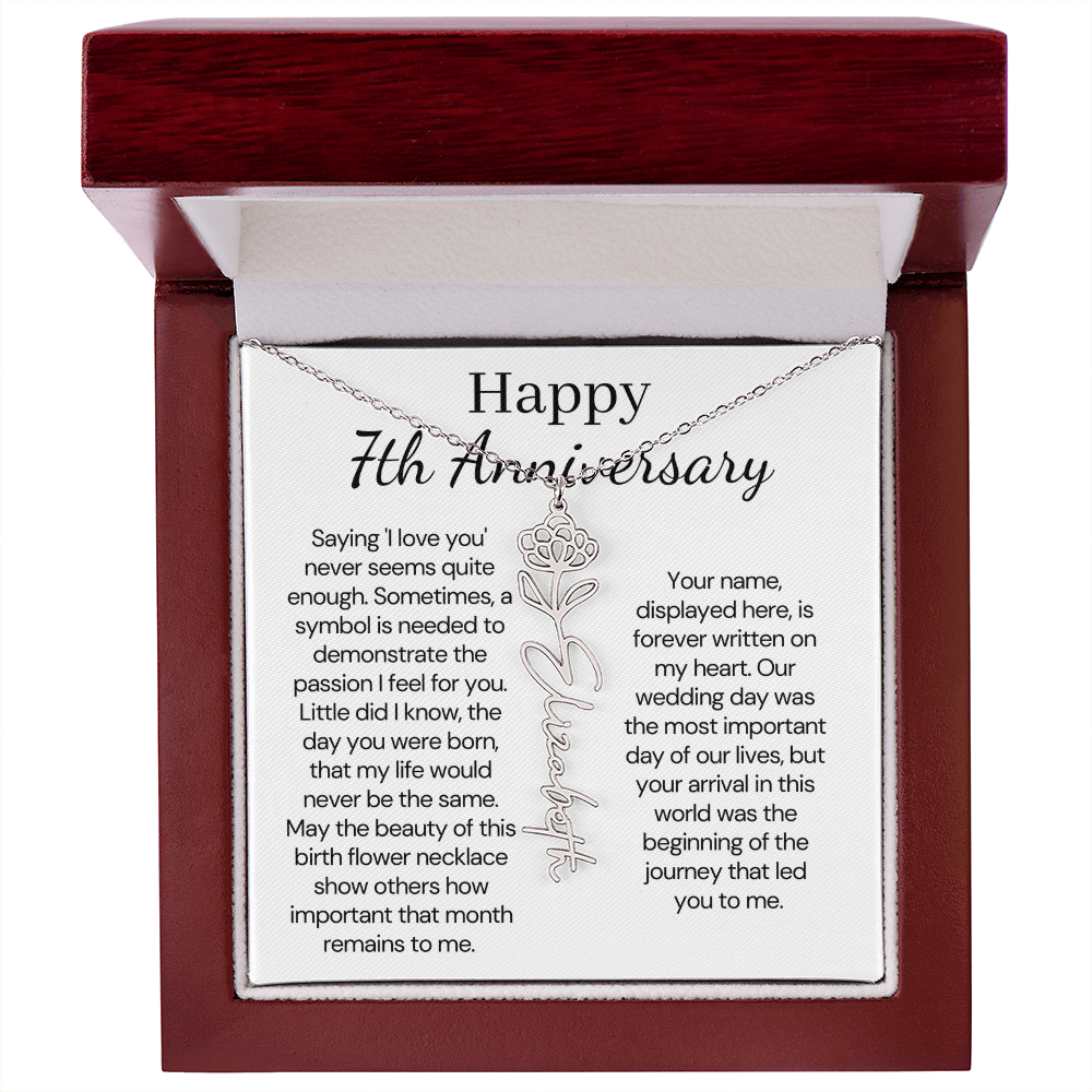 Personalized 7th Wedding Anniversary Gift for Wife – Customized Birth Flower Name Necklace – Unique Seventh Anniversary Gift Ideas for Wife from Husband