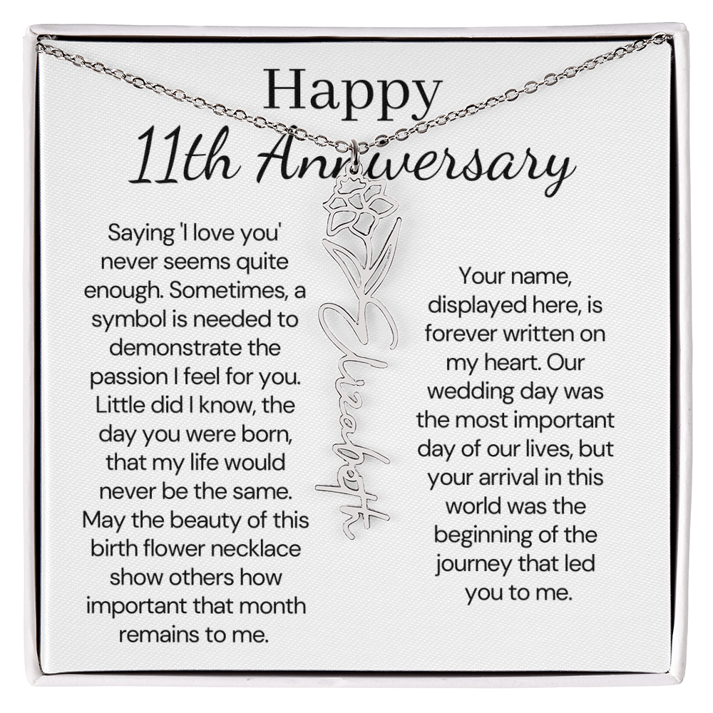 Personalized 11th Wedding Anniversary Gift for Wife – Customized Birth Flower Name Necklace – Unique Eleventh Anniversary Gift Ideas for Wife from Husband