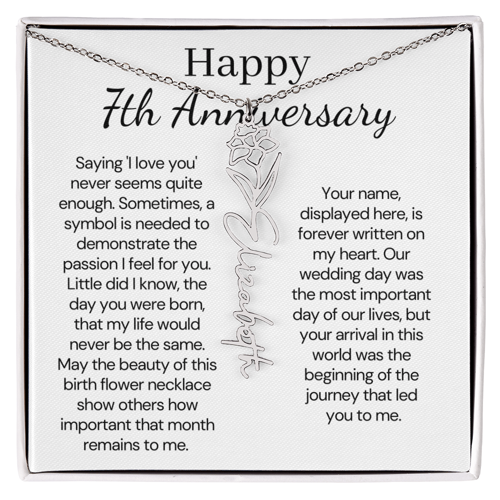 Personalized 7th Wedding Anniversary Gift for Wife – Customized Birth Flower Name Necklace – Unique Seventh Anniversary Gift Ideas for Wife from Husband