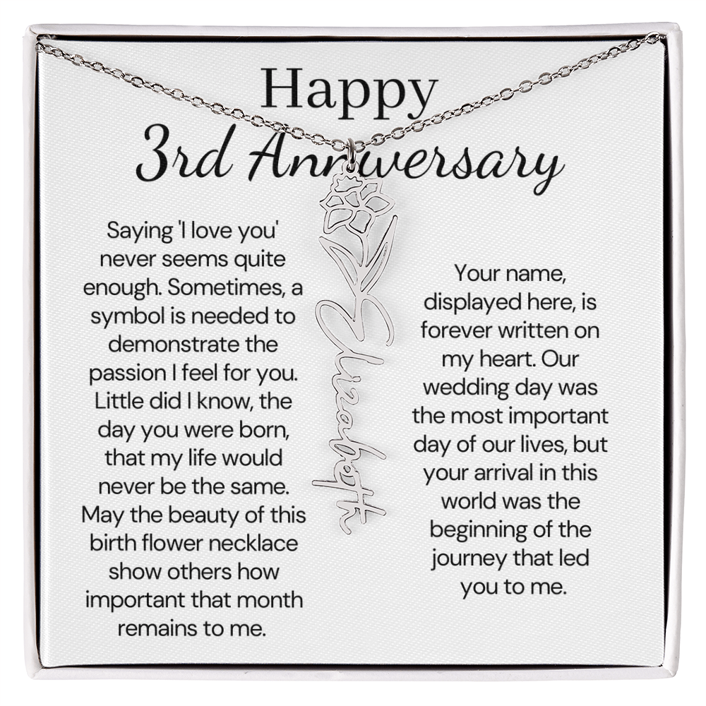 Personalized 3rd Wedding Anniversary Gift for Wife – Customized Birth Flower Name Necklace – Unique Third Anniversary Gift Ideas for Wife from Husband