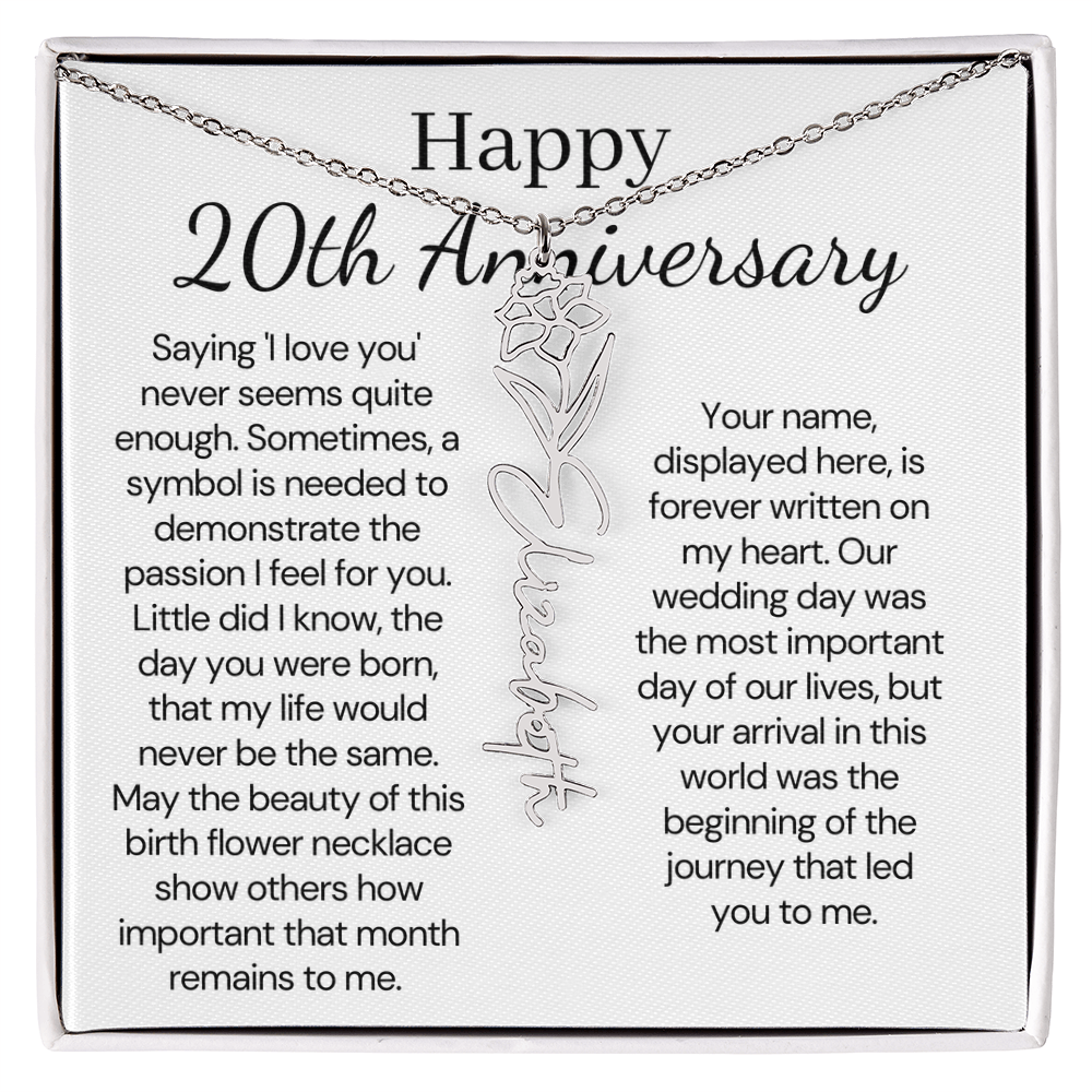 Personalized 20th Anniversary Gift for Wife – Customized Birth Flower Name Necklace – Unique Twentieth Wedding Anniversary Gift Ideas for Wife from Husband