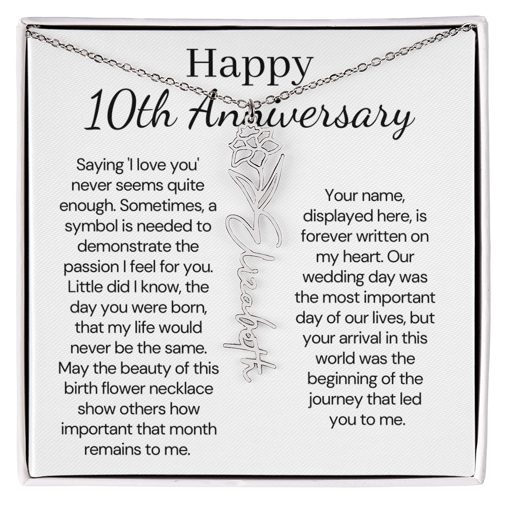 Personalized 10th Wedding Anniversary Gift for Wife – Customized Birth Flower Name Necklace – Unique Tenth Anniversary Gift Ideas for Wife from Husband