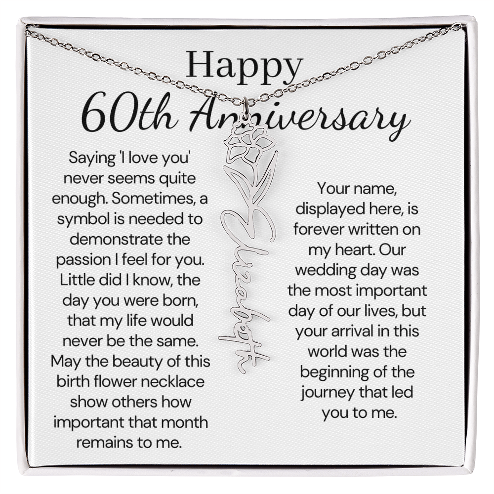 Personalized 60th Anniversary Gift for Wife – Customized Birth Flower Name Necklace – Unique Sixtieth Wedding Anniversary Gift Ideas for Wife from Husband
