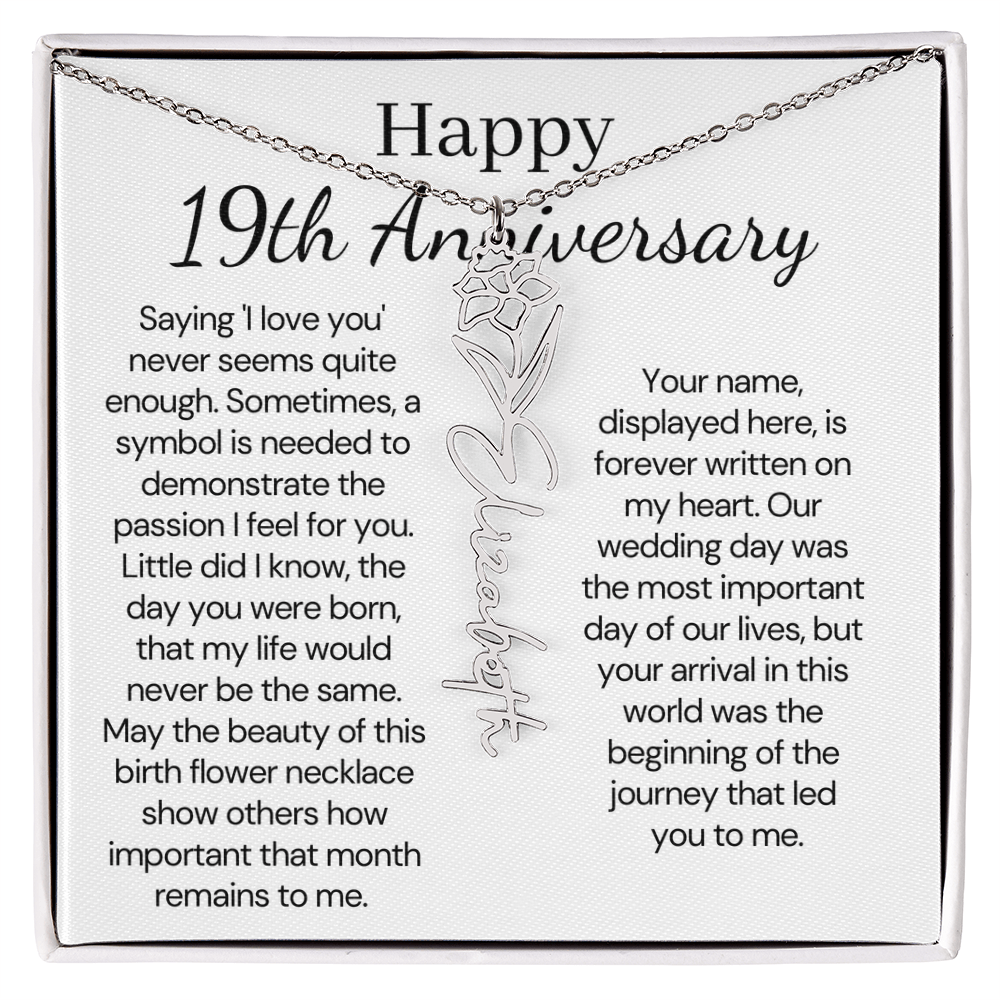 Personalized 19th Anniversary Gift for Wife – Customized Birth Flower Name Necklace – Unique Nineteenth Wedding Anniversary Gift Ideas for Wife from Husband