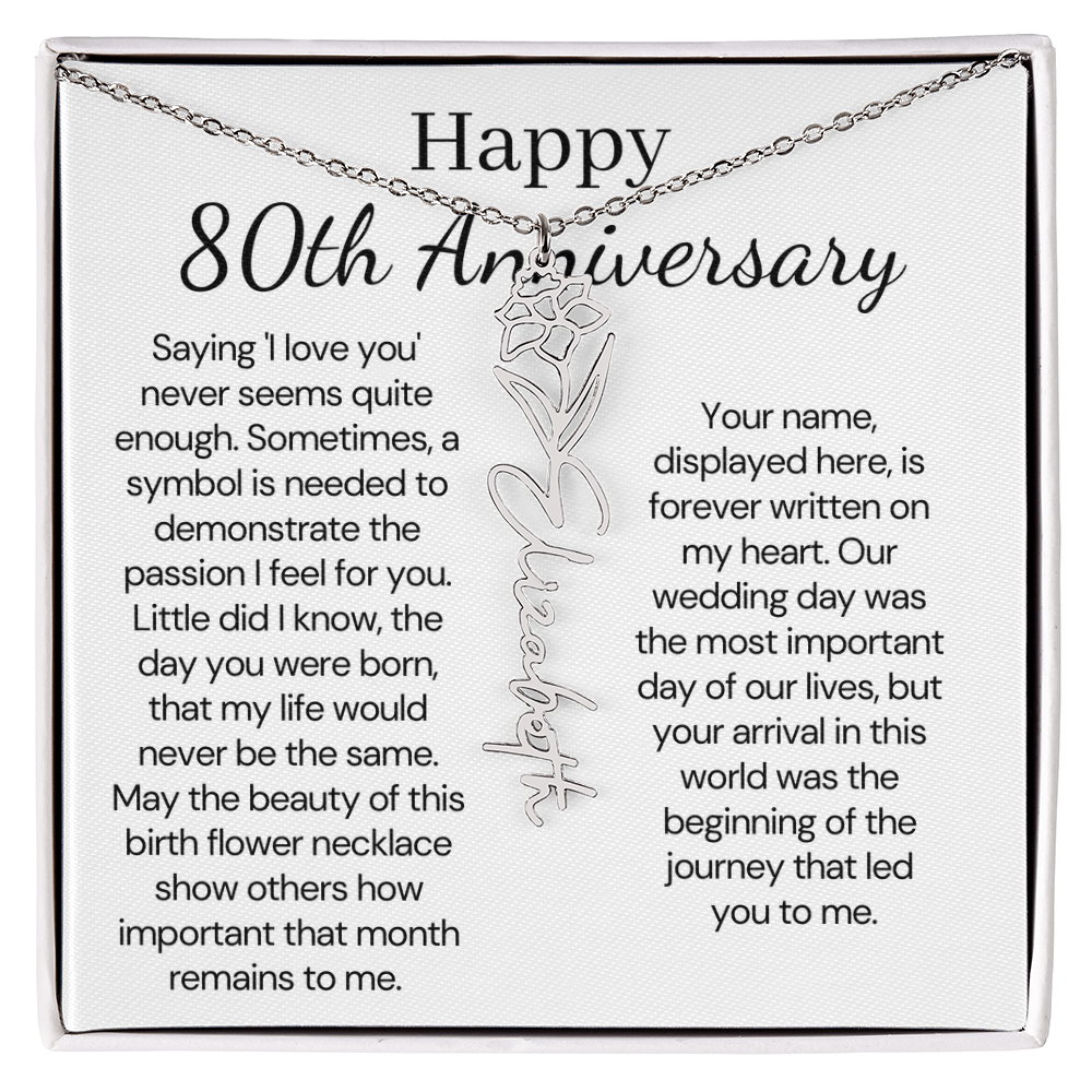 Personalized 80th Anniversary Gift for Wife – Customized Birth Flower Name Necklace – Unique Eightieth Wedding Anniversary Gift Ideas for Wife from Husband