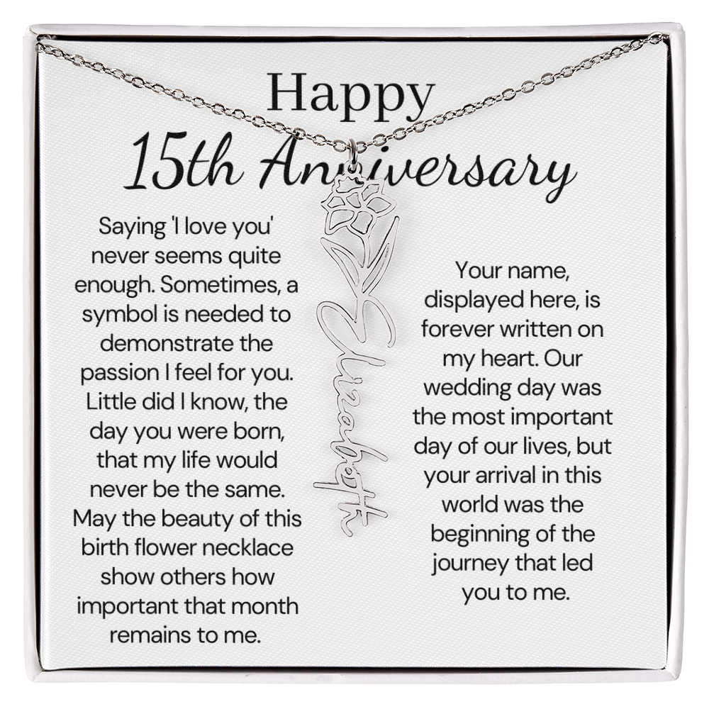 Personalized 15th Anniversary Gift for Wife – Customized Birth Flower Name Necklace – Unique Fifteenth Wedding Anniversary Gift Ideas for Wife from Husband