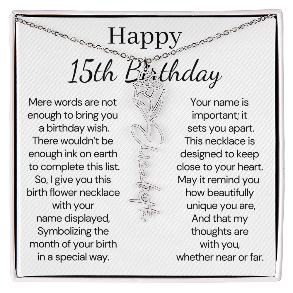 Personalized 15th Birthday Gift for Her – Customized Birth Flower Name Necklace – 15th Birthday Jewelry Gift for Granddaughter, Daughter, or Niece