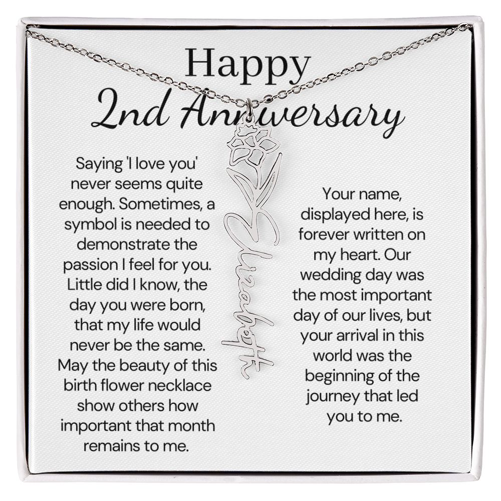 Personalized 2nd Wedding Anniversary Gift for Wife – Customized Birth Flower Name Necklace – Unique second Anniversary Gift Ideas for Wife from Husband