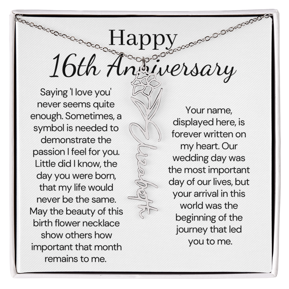 Personalized 16th Anniversary Gift for Wife – Customized Birth Flower Name Necklace – Unique Sixteenth Wedding Anniversary Gift Ideas for Wife