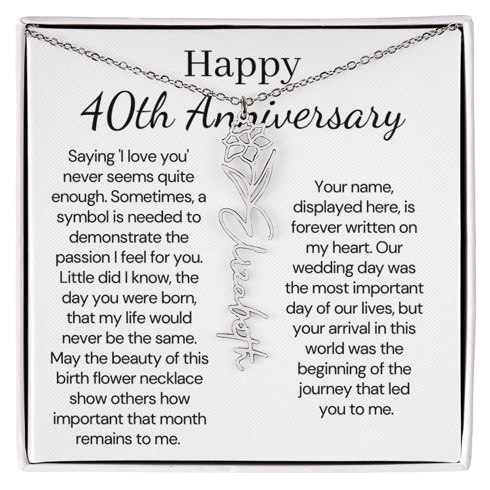 Personalized 40th Anniversary Gift for Wife – Customized Birth Flower Name Necklace – Unique Fortieth Wedding Anniversary Gift Ideas for Wife from Husband