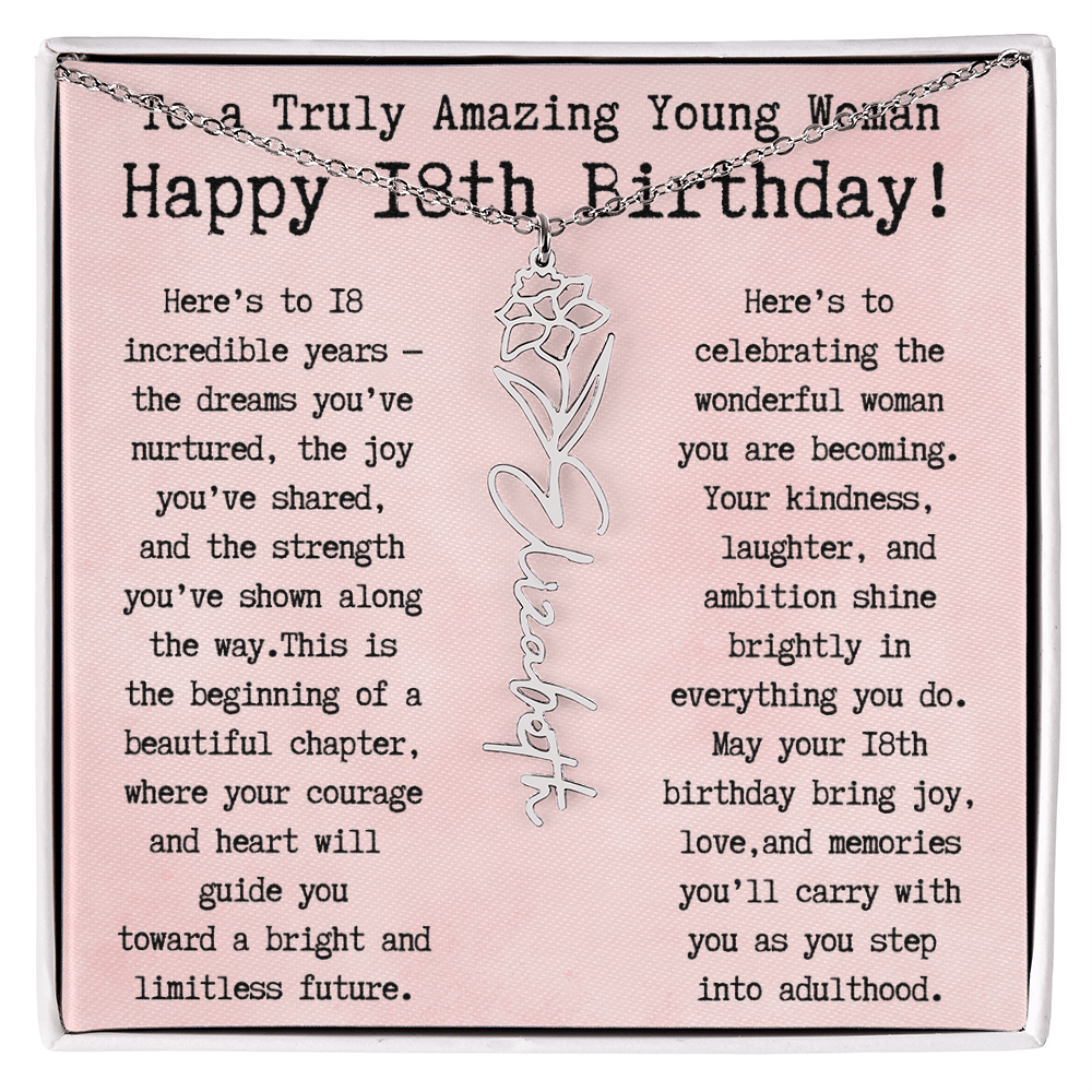 Personalized 18th Birthday Gift for Her – Customized Birth Flower Name Necklace – Unique Eighteenth Birthday Jewelry Gift from Grandma, Mom, Aunt, or Friend