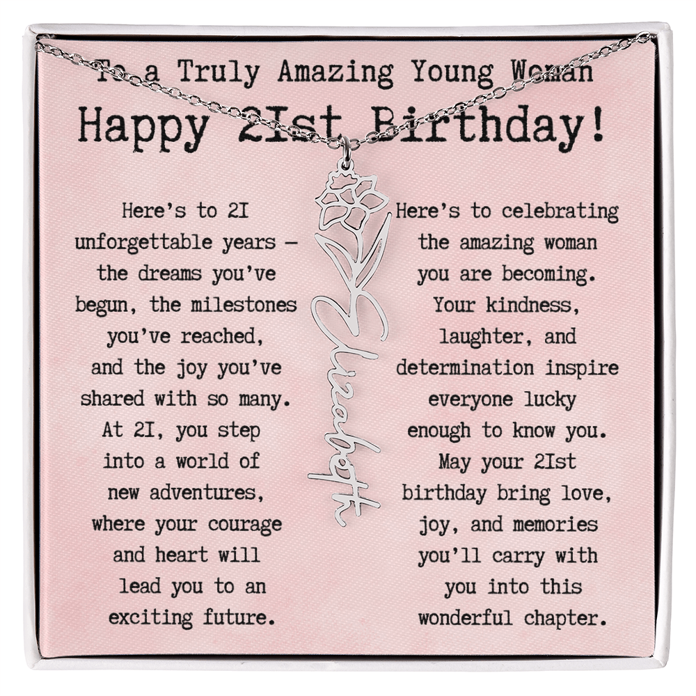 Personalized 21st Birthday Gift for Her – Customized Birth Flower Name Necklace – Unique Twenty-First Birthday Jewelry Gift from Grandma, Mom, Aunt, or Friend