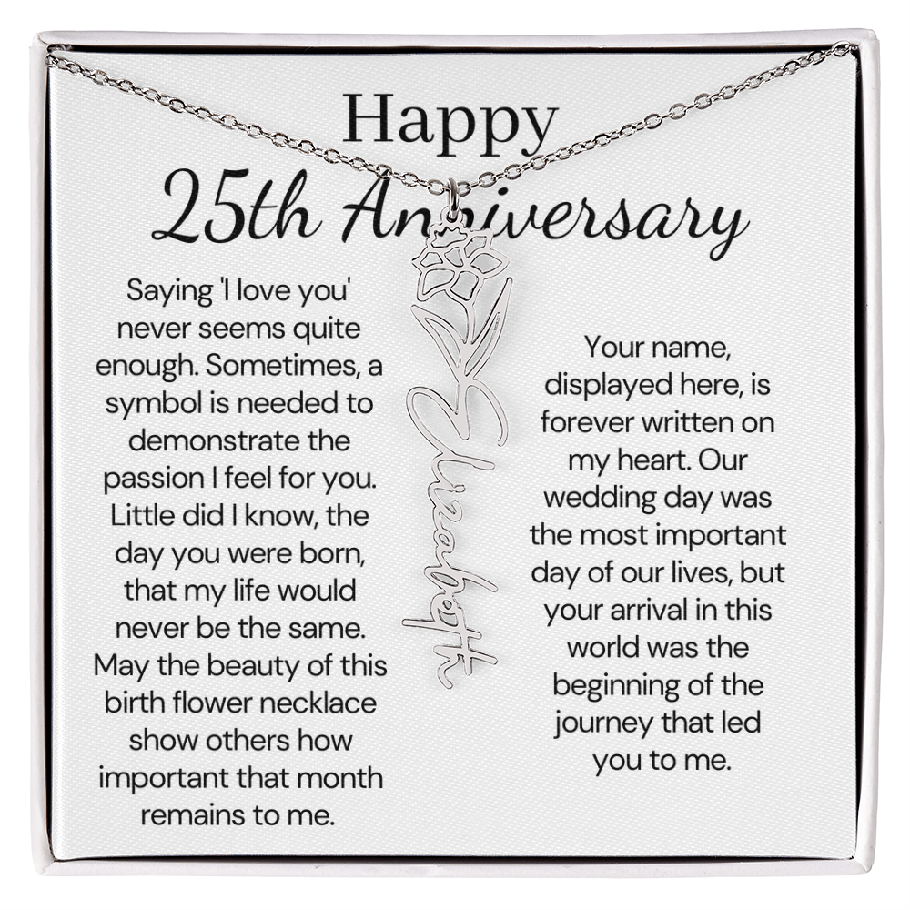 Personalized 25th Wedding Anniversary Gift for her  - Custom Birth Flower Name Necklace for Wife. - Unique Anniversary Gift from Husband to Wife