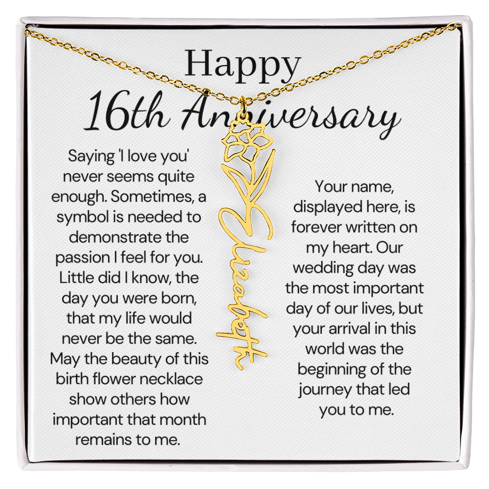 Personalized 16th Anniversary Gift for Wife – Customized Birth Flower Name Necklace – Unique Sixteenth Wedding Anniversary Gift Ideas for Wife